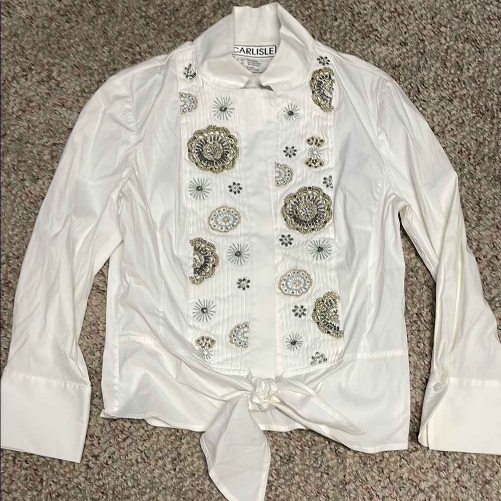 Carlisle White Embroidered tuxedo tie front Blouse